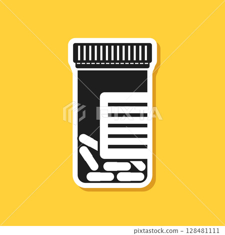 Pill paper sticker icon in flat style. Drug vector illustration on isolated background. Medicine pharmacy sign business concept. Pill paper sticker icon in flat style. Drug vector illustration on isolated background. Medicine pharmacy sign business concept. 128481111