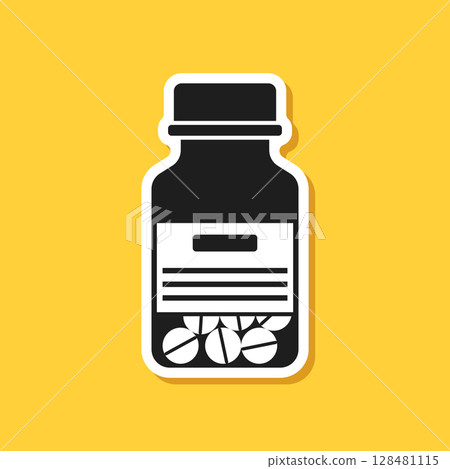 Pill paper sticker icon in flat style. Drug vector illustration on isolated background. Medicine pharmacy sign business concept. 128481115