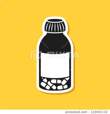 Pill paper sticker icon in flat style. Drug vector illustration on isolated background. Medicine pharmacy sign business concept. 128481118