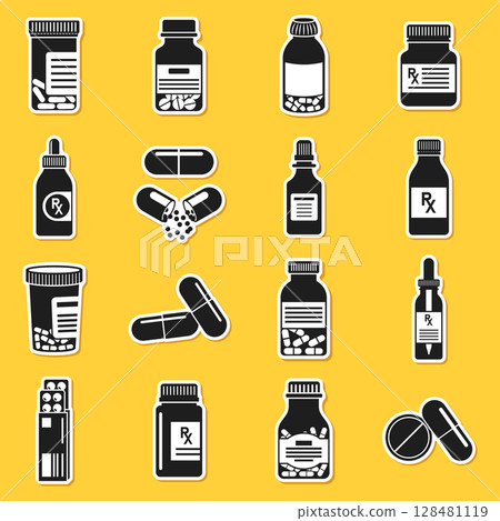 Pill paper sticker icon set collection in flat style. Drug vector illustration on isolated background. Medicine pharmacy sign business concept. 128481119