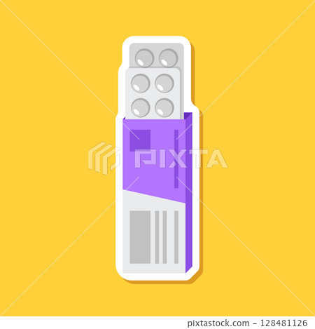Pill paper sticker icon in flat style. Drug vector illustration on isolated background. Medicine pharmacy sign business concept. 128481126