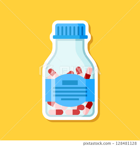 Pill paper sticker icon in flat style. Drug vector illustration on isolated background. Medicine pharmacy sign business concept. Pill paper sticker icon in flat style. Drug vector illustration on isolated background. Medicine pharmacy sign business concept. 128481128