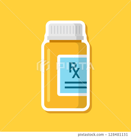 Pill paper sticker icon in flat style. Drug vector illustration on isolated background. Medicine pharmacy sign business concept. Pill paper sticker icon in flat style. Drug vector illustration on isolated background. Medicine pharmacy sign business concept. 128481131