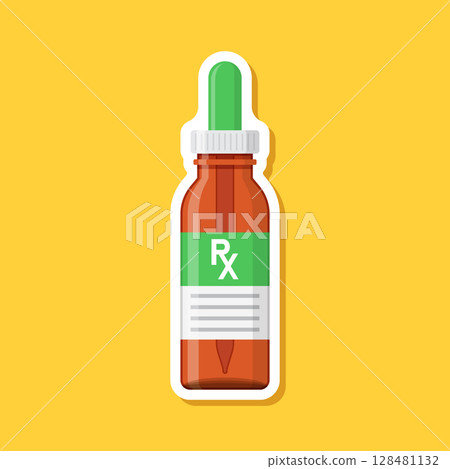 Pill paper sticker icon in flat style. Drug vector illustration on isolated background. Medicine pharmacy sign business concept. 128481132