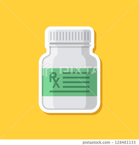 Pill paper sticker icon in flat style. Drug vector illustration on isolated background. Medicine pharmacy sign business concept. 128481133