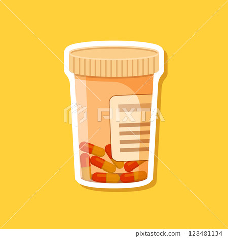 Pill paper sticker icon in flat style. Drug vector illustration on isolated background. Medicine pharmacy sign business concept. 128481134