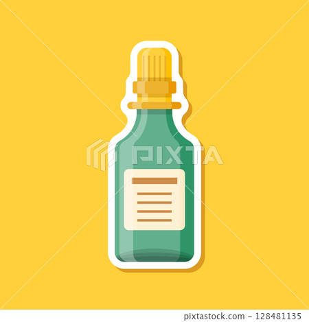 Pill paper sticker icon in flat style. Drug vector illustration on isolated background. Medicine pharmacy sign business concept. 128481135