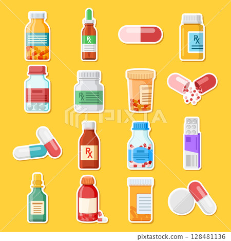 Pill paper sticker icon set collection in flat style. Drug vector illustration on isolated background. Medicine pharmacy sign business concept. Pill paper sticker icon set collection in flat style. Drug vector illustration on isolated background. Medicine pharmacy sign business concept. 128481136