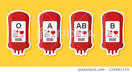 Blood bag paper sticker icon in flat style. Medical care vector illustration on isolated background. Blood donation sign business concept. 128481154