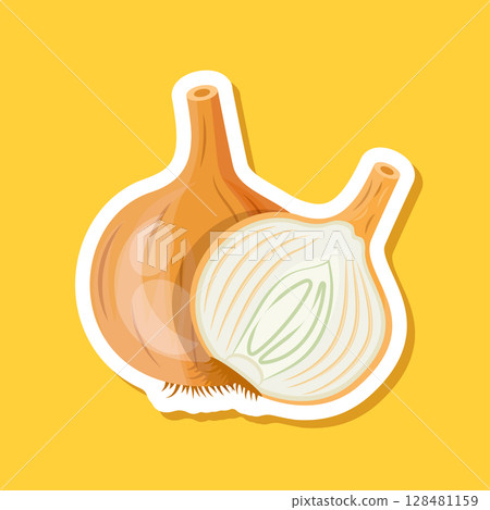 Onion paper sticker icon in flat style. Organic vegetable vector illustration on isolated background. Healthy food sign business concept. Onion paper sticker icon in flat style. Organic vegetable vector illustration on isolated background. Healthy food sign business concept. 128481159