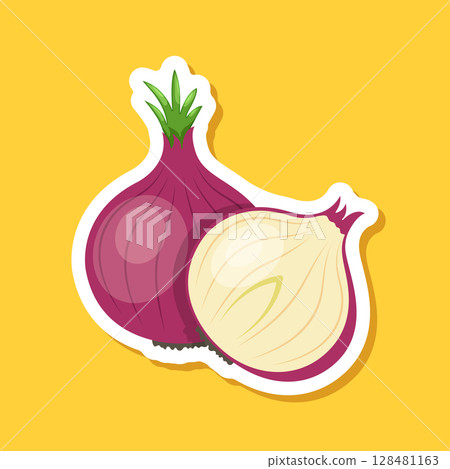 Onion paper sticker icon in flat style. Organic vegetable vector illustration on isolated background. Healthy food sign business concept. Onion paper sticker icon in flat style. Organic vegetable vector illustration on isolated background. Healthy food sign business concept. 128481163