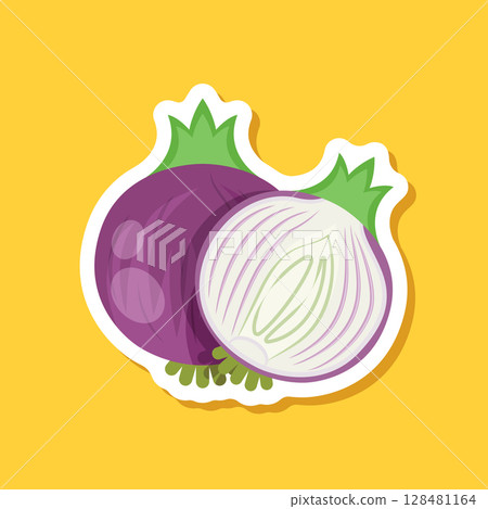 Onion paper sticker icon in flat style. Organic vegetable vector illustration on isolated background. Healthy food sign business concept. Onion paper sticker icon in flat style. Organic vegetable vector illustration on isolated background. Healthy food sign business concept. 128481164