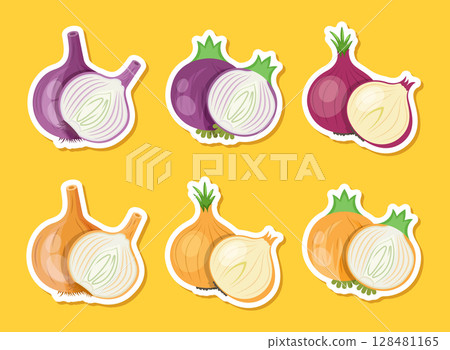 Onion paper sticker icon set collection in flat style. Organic vegetable vector illustration on isolated background. Healthy food sign business concept. Onion paper sticker icon set collection in flat style. Organic vegetable vector illustration on isolated background. Healthy food sign business concept. 128481165