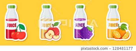 Grape, Cherry, Apple, Orange juice paper sticker icon set collection in flat style. Organic drinks vector illustration on isolated background. Healthy cocktails sign business concept. 128481177