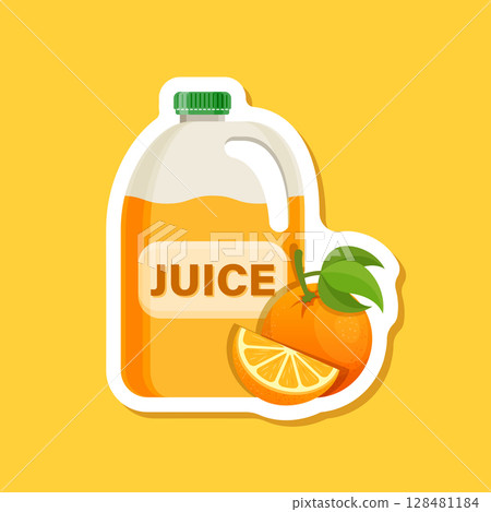 Orange juice paper sticker icon in flat style. Fruit drink vector illustration on isolated background. Fresh juice sign business concept. Orange juice paper sticker icon in flat style. Fruit drink vector illustration on isolated background. Fresh juice sign business concept. 128481184