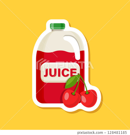 Cherry juice paper sticker in flat style. Cherries drink vector illustration on isolated background. Healthy cocktail sign business concept. 128481185