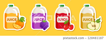 Grape, Cherry, Apple, Orange juice paper sticker icon set collection in flat style. Organic drinks vector illustration on isolated background. Healthy cocktails sign business concept. Grape, Cherry, Apple, Orange juice paper sticker icon set collection in flat style. Organic drinks vector illustration on isolated background. Healthy cocktails sign business concept. 128481187