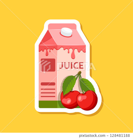 Cherry juice paper sticker in flat style. Cherries drink vector illustration on isolated background. Healthy cocktail sign business concept. 128481188