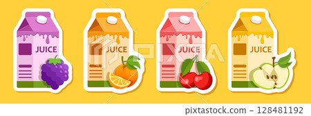 Grape, Cherry, Apple, Orange juice paper sticker icon set collection in flat style. Organic drinks vector illustration on isolated background. Healthy cocktails sign business concept. 128481192