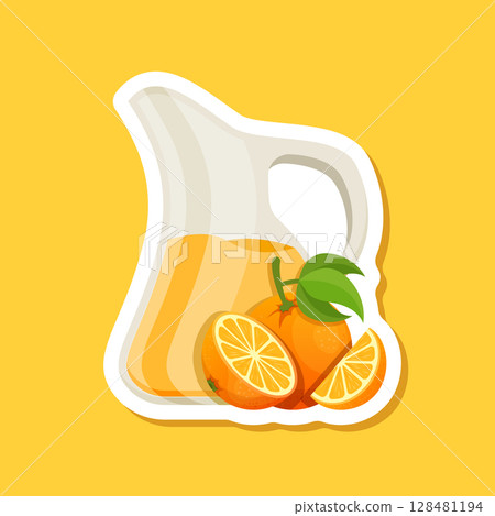 Orange juice paper sticker icon in flat style. Fruit drink vector illustration on isolated background. Fresh juice sign business concept. Orange juice paper sticker icon in flat style. Fruit drink vector illustration on isolated background. Fresh juice sign business concept. 128481194