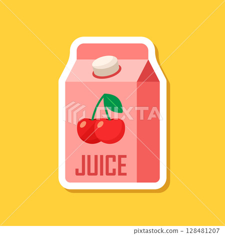 Cherry juice paper sticker in flat style. Cherries drink vector illustration on isolated background. Healthy cocktail sign business concept. 128481207