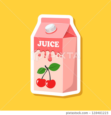 Cherry juice paper sticker in flat style. Cherries drink vector illustration on isolated background. Healthy cocktail sign business concept. 128481223