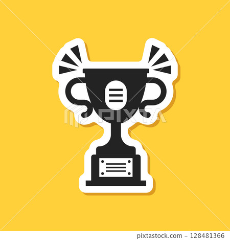 Trophy cup paper sticker icon in flat style. Award prize vector illustration on isolated background. Champion sports event sign business concept. 128481366