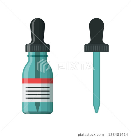 Pipette with oil drop icon in flat style. Dropper bottle vector illustration on isolated background. Medical tube sign business concept. 128481414