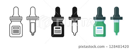 Pipette with oil drop icon set collection in flat style. Dropper bottle vector illustration on isolated background. Medical tube sign business concept. 128481420