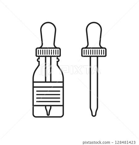 Pipette with oil drop icon in flat style. Dropper bottle vector illustration on isolated background. Medical tube sign business concept. Pipette with oil drop icon in flat style. Dropper bottle vector illustration on isolated background. Medical tube sign business concept. 128481423