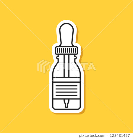 Pipette with oil drop paper sticker icon in flat style. Dropper bottle vector illustration on isolated background. Medical tube sign business concept. 128481457