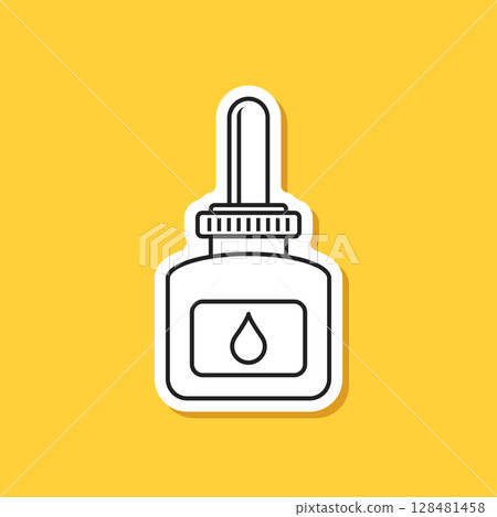 Pipette with oil drop paper sticker icon in flat style. Dropper bottle vector illustration on isolated background. Medical tube sign business concept. Pipette with oil drop paper sticker icon in flat style. Dropper bottle vector illustration on isolated background. Medical tube sign business concept. 128481458
