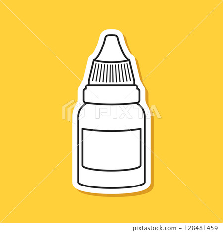 Pipette with oil drop paper sticker icon in flat style. Dropper bottle vector illustration on isolated background. Medical tube sign business concept. 128481459