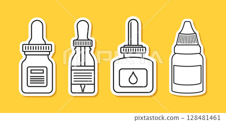 Pipette with oil drop paper sticker icon set collection in flat style. Dropper bottle vector illustration on isolated background. Medical tube sign business concept. Pipette with oil drop paper sticker icon set collection in flat style. Dropper bottle vector illustration on isolated background. Medical tube sign business concept. 128481461