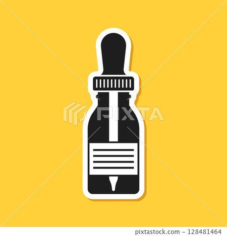 Pipette with oil drop paper sticker icon in flat style. Dropper bottle vector illustration on isolated background. Medical tube sign business concept. 128481464