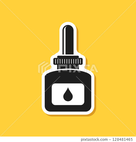Pipette with oil drop paper sticker icon in flat style. Dropper bottle vector illustration on isolated background. Medical tube sign business concept. Pipette with oil drop paper sticker icon in flat style. Dropper bottle vector illustration on isolated background. Medical tube sign business concept. 128481465