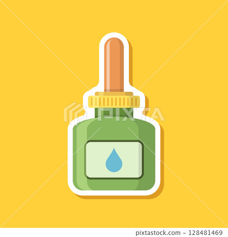 Pipette with oil drop paper sticker icon in flat style. Dropper bottle vector illustration on isolated background. Medical tube sign business concept. Pipette with oil drop paper sticker icon in flat style. Dropper bottle vector illustration on isolated background. Medical tube sign business concept. 128481469