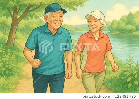 一對微笑的老年夫婦沿著河邊的自然小徑散步 128481489