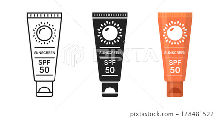 Sunscreen cream icon set collection in flat style. Skin protection vector illustration on isolated background. Skincare pharmacy sign business concept. Sunscreen cream icon set collection in flat style. Skin protection vector illustration on isolated background. Skincare pharmacy sign business concept. 128481522