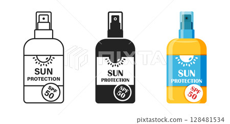 Sunscreen cream icon set collection in flat style. Skin protection vector illustration on isolated background. Skincare pharmacy sign business concept. Sunscreen cream icon set collection in flat style. Skin protection vector illustration on isolated background. Skincare pharmacy sign business concept. 128481534