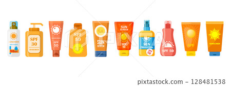 Sunscreen cream icon set collection in flat style. Skin protection vector illustration on isolated background. Skincare pharmacy sign business concept. 128481538