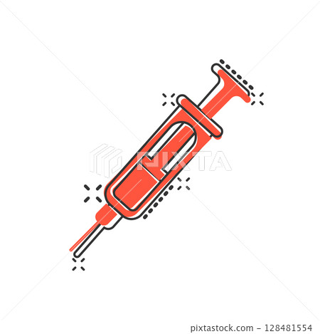 Syringe icon in comic style. Coronavirus vaccine inject cartoon vector illustration on isolated background. Covid-19 vaccination splash effect sign business concept. Syringe icon in comic style. Coronavirus vaccine inject cartoon vector illustration on isolated background. Covid-19 vaccination splash effect sign business concept. 128481554