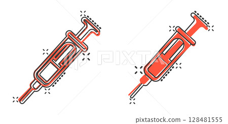Syringe icon in comic style. Coronavirus vaccine inject cartoon vector illustration on isolated background. Covid-19 vaccination splash effect sign business concept. 128481555