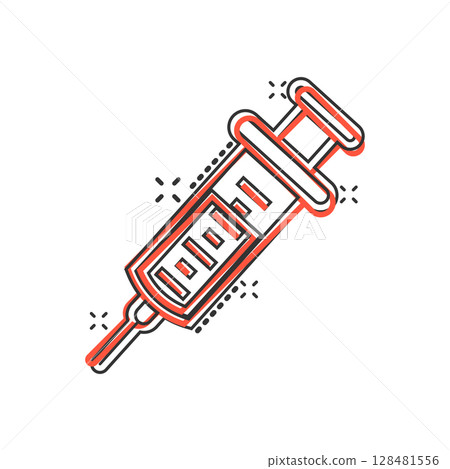 Syringe icon in comic style. Coronavirus vaccine inject cartoon vector illustration on isolated background. Covid-19 vaccination splash effect sign business concept. Syringe icon in comic style. Coronavirus vaccine inject cartoon vector illustration on isolated background. Covid-19 vaccination splash effect sign business concept. 128481556
