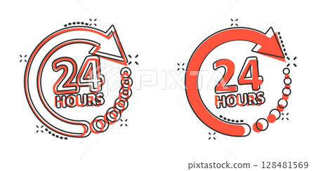 24 hours service icon in comic style. All day business and service cartoon vector illustration on isolated background. Quick service time splash effect sign business concept. 24 hours service icon in comic style. All day business and service cartoon vector illustration on isolated background. Quick service time splash effect sign business concept. 128481569
