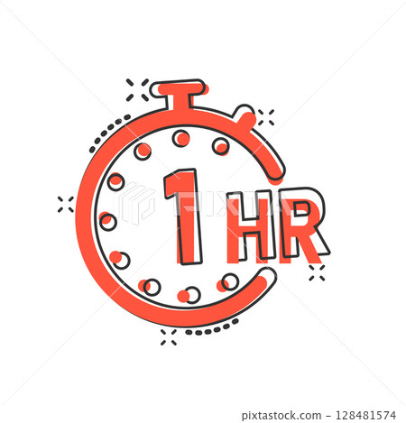 1 hour clock icon in comic style. Timer countdown cartoon vector illustration on isolated background. Time measure splash effect sign business concept. 1 hour clock icon in comic style. Timer countdown cartoon vector illustration on isolated background. Time measure splash effect sign business concept. 128481574
