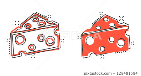 Cheese slice icon in comic style. Milk food cartoon vector illustration on isolated background. Breakfast splash effect sign business concept. Cheese slice icon in comic style. Milk food cartoon vector illustration on isolated background. Breakfast splash effect sign business concept. 128481584