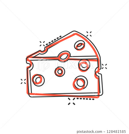 Cheese slice icon in comic style. Milk food cartoon vector illustration on isolated background. Breakfast splash effect sign business concept. Cheese slice icon in comic style. Milk food cartoon vector illustration on isolated background. Breakfast splash effect sign business concept. 128481585
