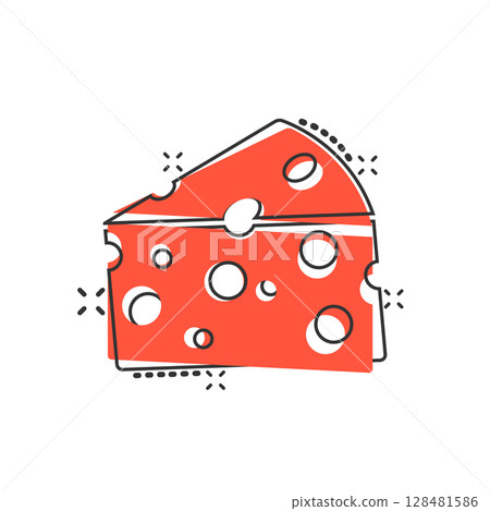 Cheese slice icon in comic style. Milk food cartoon vector illustration on isolated background. Breakfast splash effect sign business concept. Cheese slice icon in comic style. Milk food cartoon vector illustration on isolated background. Breakfast splash effect sign business concept. 128481586