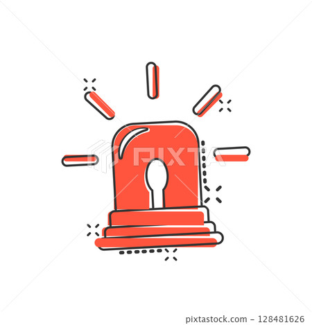 Emergency alarm icon in comic style. Alert lamp cartoon vector illustration on isolated background. Police urgency splash effect sign business concept. 128481626